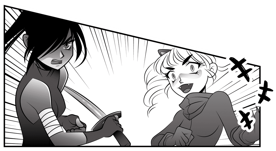Dynamic Female Fighters Confronted with Katana in Transparent Comic Style
