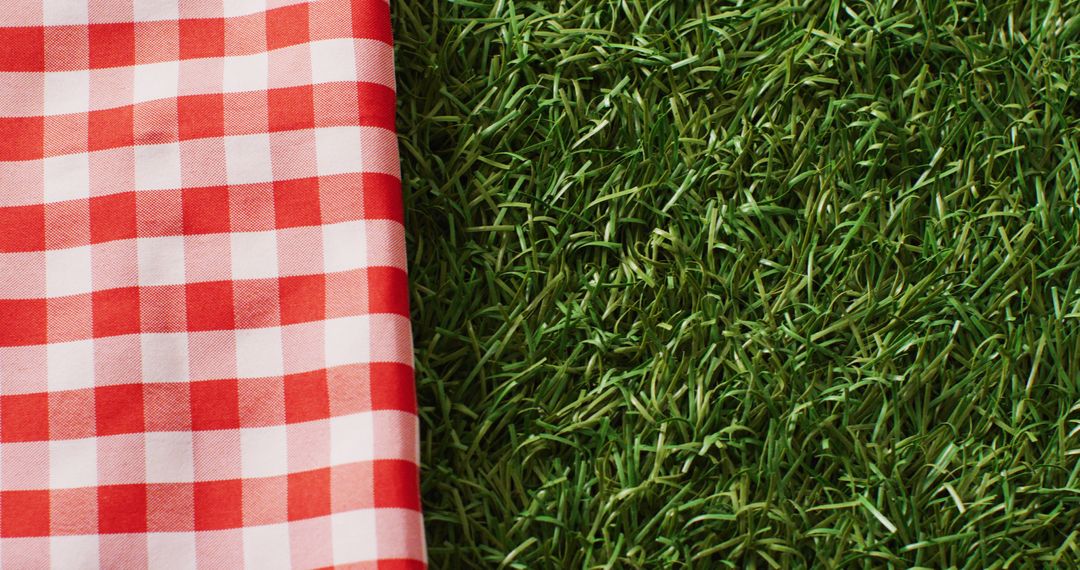 Image of gingham tablecloth with copy space on grass - Free Images, Stock Photos and Pictures on Pikwizard.com