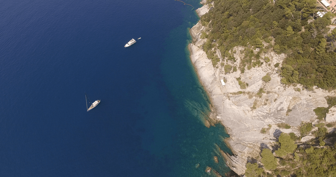 Transparent Coastal View with Boats on Open Sea