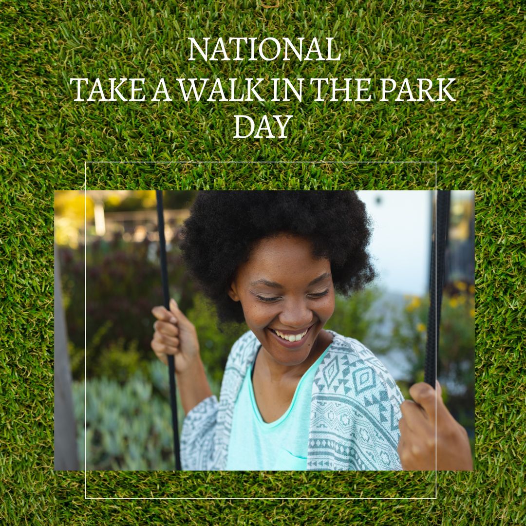 Joyful Woman on Swing Celebrating National Take a Walk in the Park Day