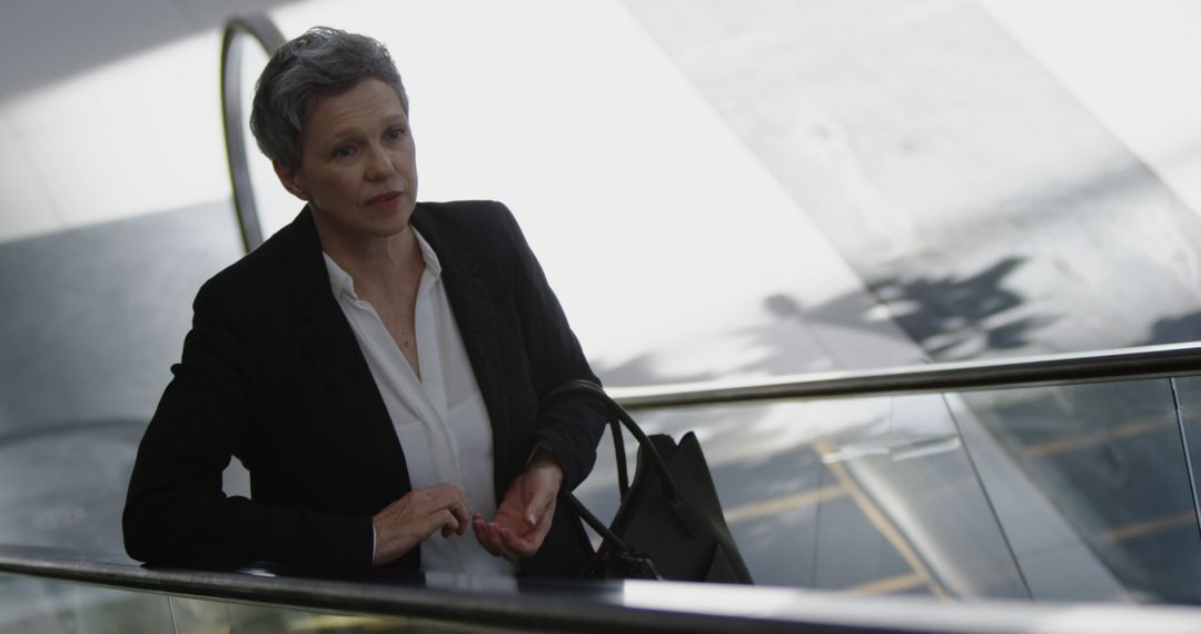 Businesswoman ascending escalator with focused expression - Free Images, Stock Photos and Pictures on Pikwizard.com