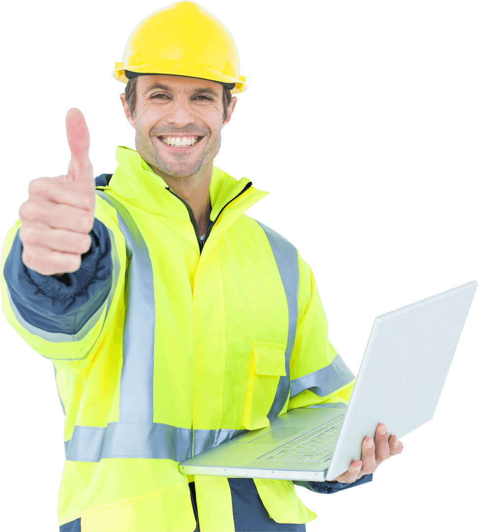 Transparent Happy Architect Giving Thumbs Up with Laptop