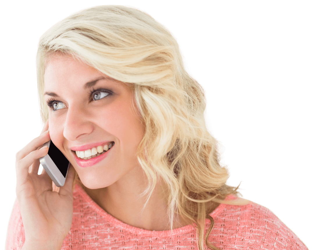 Smiling Blonde Woman Talking on Smartphone with Transparent Background