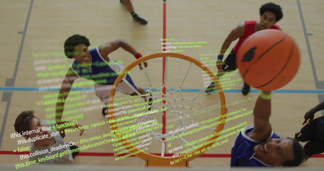 Dynamic Basketball Players and Digital Code Fusion Artwork