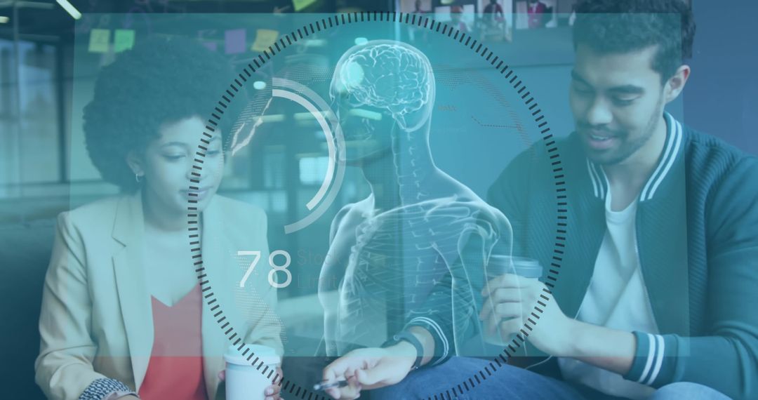 Two Professionals Analyzing Holographic Skeleton Brain Display