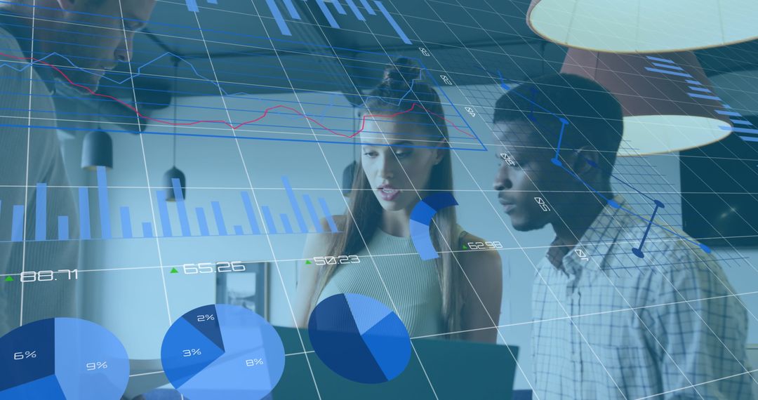 Diverse Coworkers Discussing Reports in Tech-Driven Environment