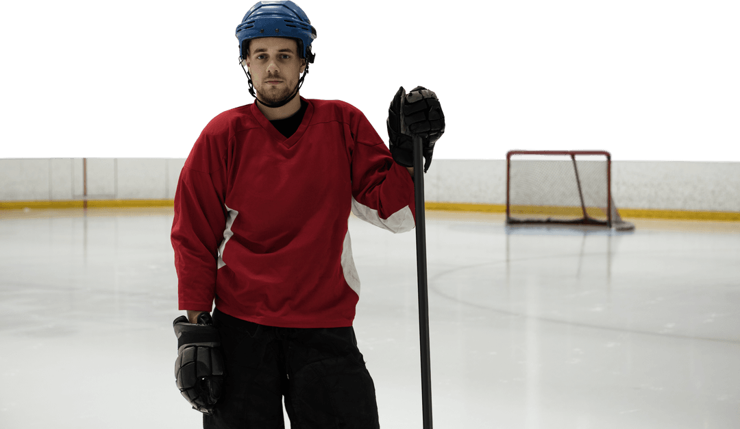 Transparent Ice Hockey Player holding Stick in Red Jersey