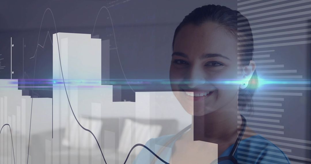 Smiling Doctor Analyzing Digital Healthcare Data with Technology Interface