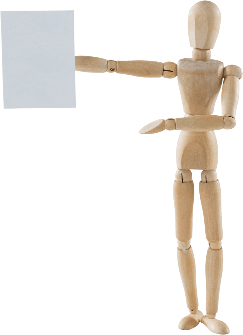 Wooden Mannequin Holding Blank White Board Transparent Background