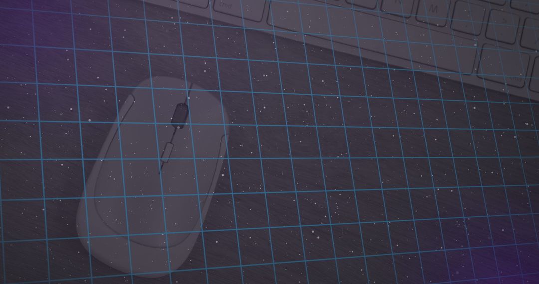 Futuristic Digital Grid Overlay on Computer Mouse and Keyboard