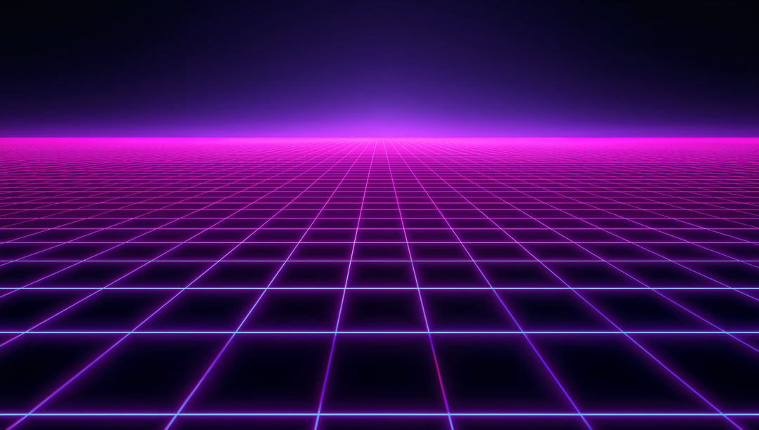 Neon Wireframe Grid Receding Toward Magenta Horizon Retrofuturistic Vaporwave Scene