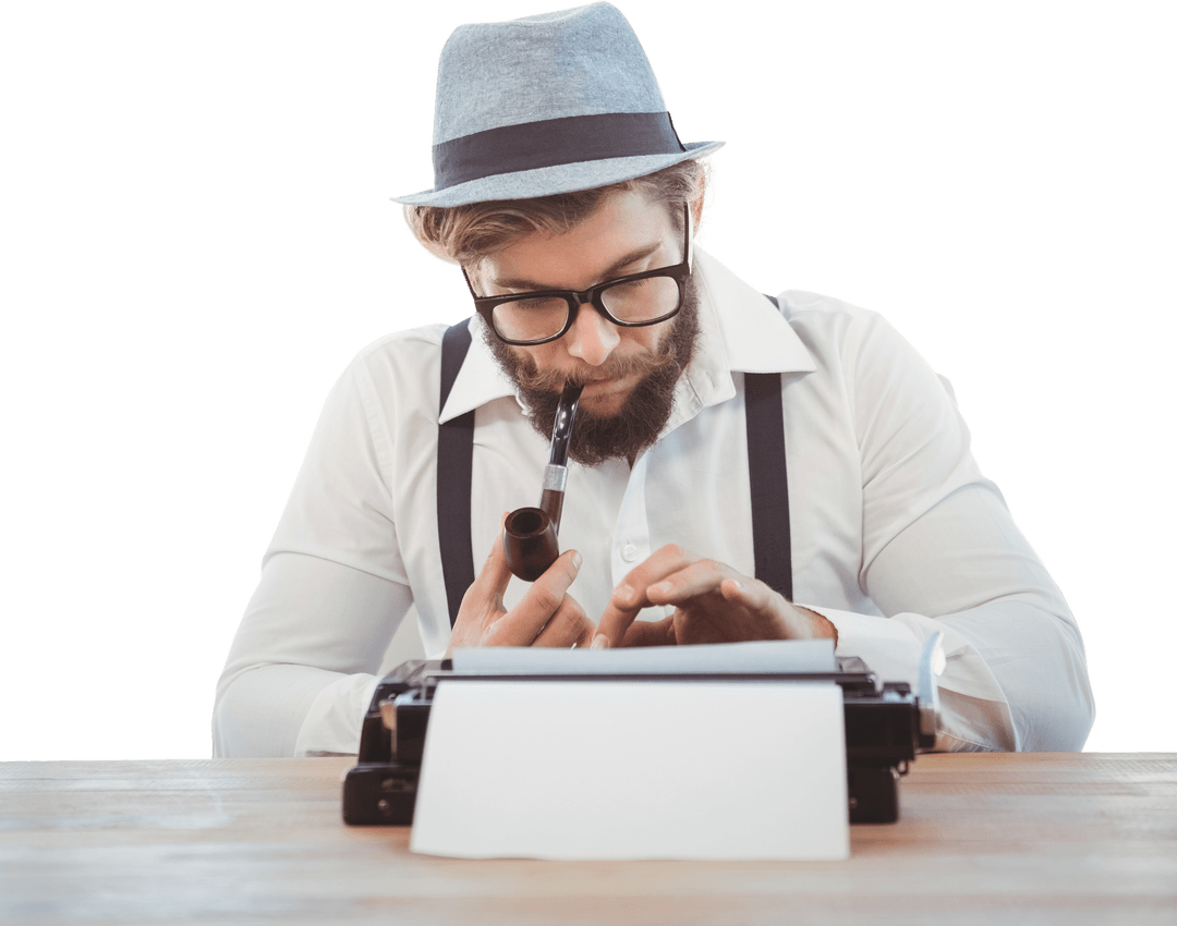 Hipster in Hat Typing on Typewriter with Pipe, White Background