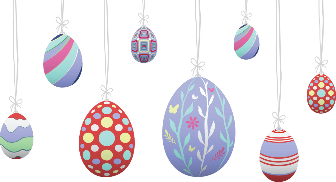 Colorful Easter Eggs Hanging on Transparent Background