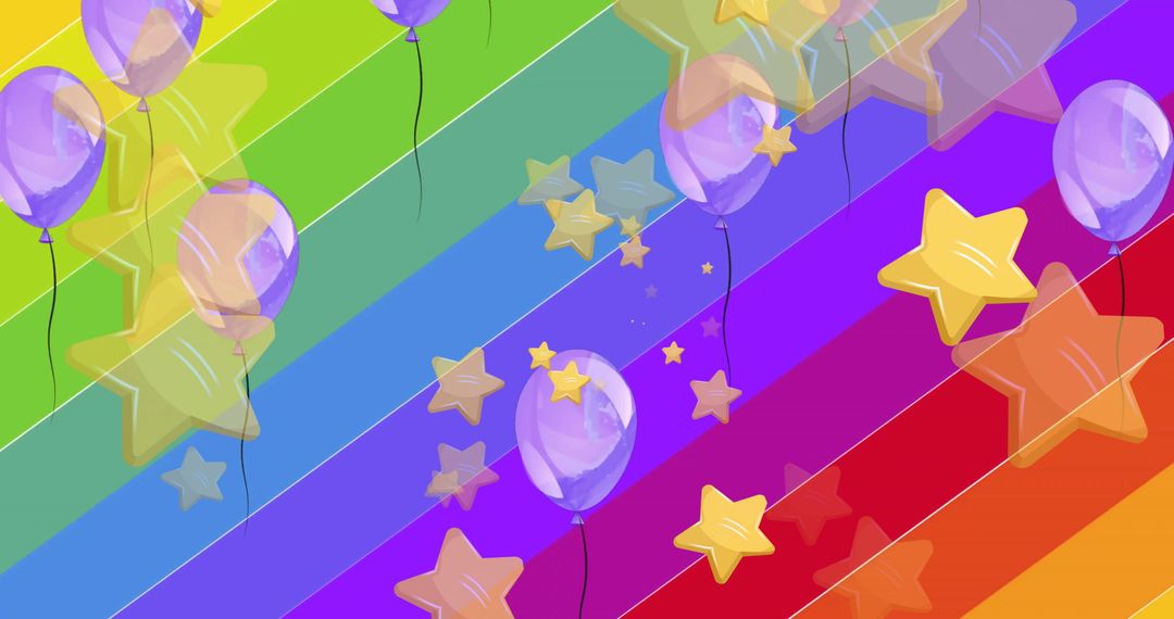 Floating Stars and Balloons Over Rainbow Background Illustration