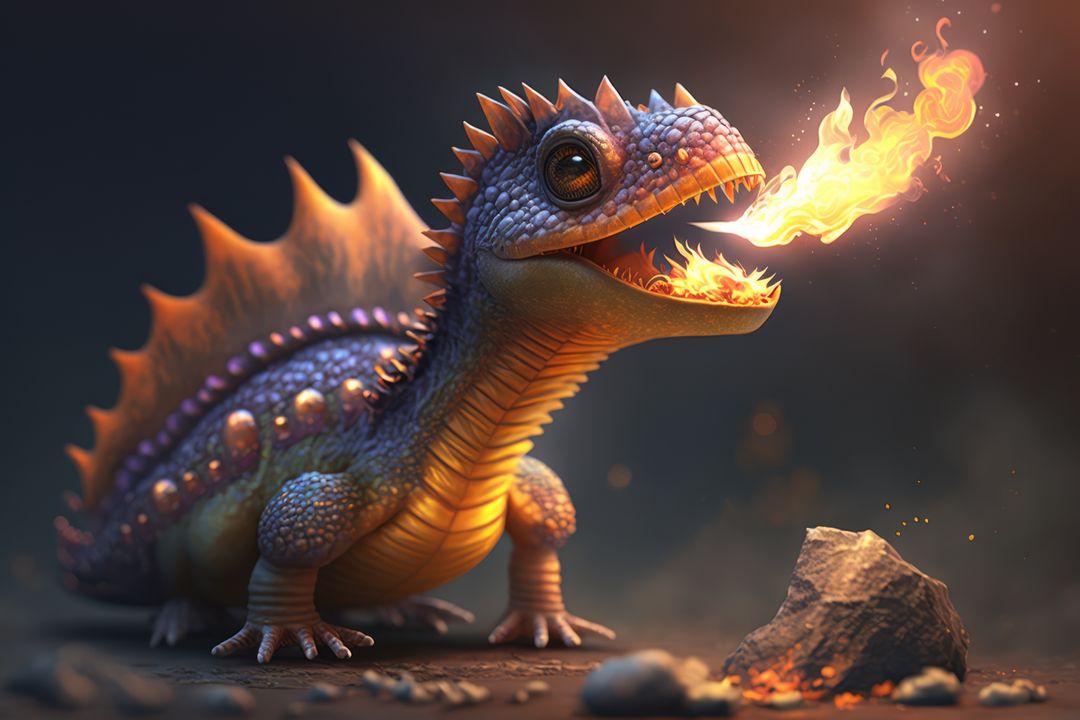 Image of cute blue dragon breathing fire on ground with rocks, using generative ai technology - Free Images, Stock Photos and Pictures on Pikwizard.com