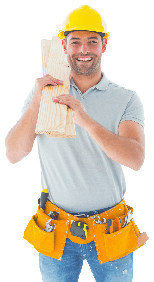 Smiling construction worker with tools on transparent background
