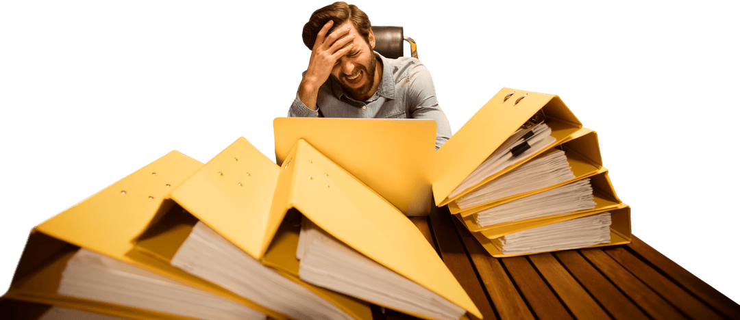 Frustrated Businessman Burdened by Stack of Yellow Folders Transparent