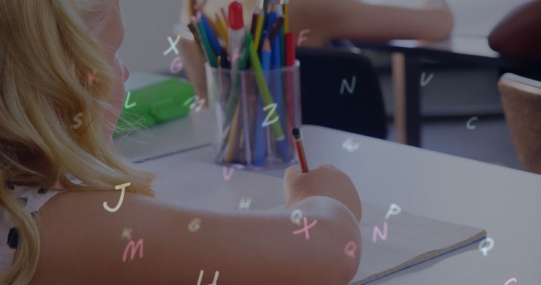 Caucasian Schoolgirl Engaged in Writing with Digital Alphabet Overlays