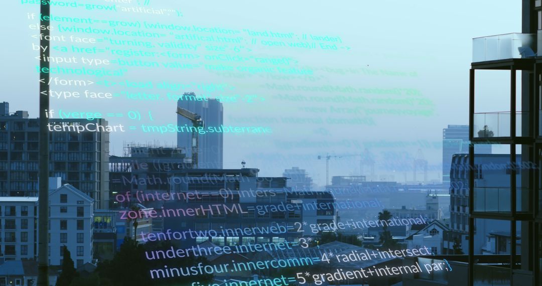 Digital Code Reflections Over Cityscape Silhouette