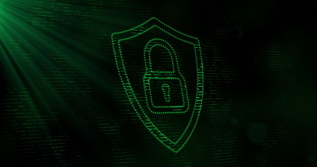 Digital Security Shield with Green Padlock Icon