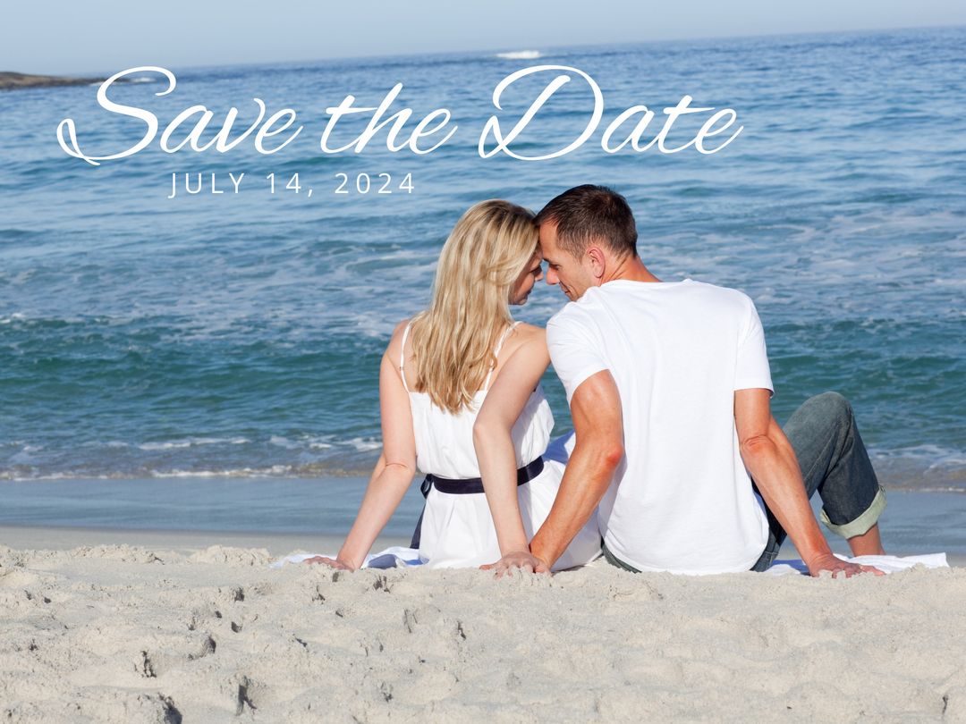 Romantic Couple Sitting on Beach for Save the Date Announcement - Download Free Stock Templates Pikwizard.com
