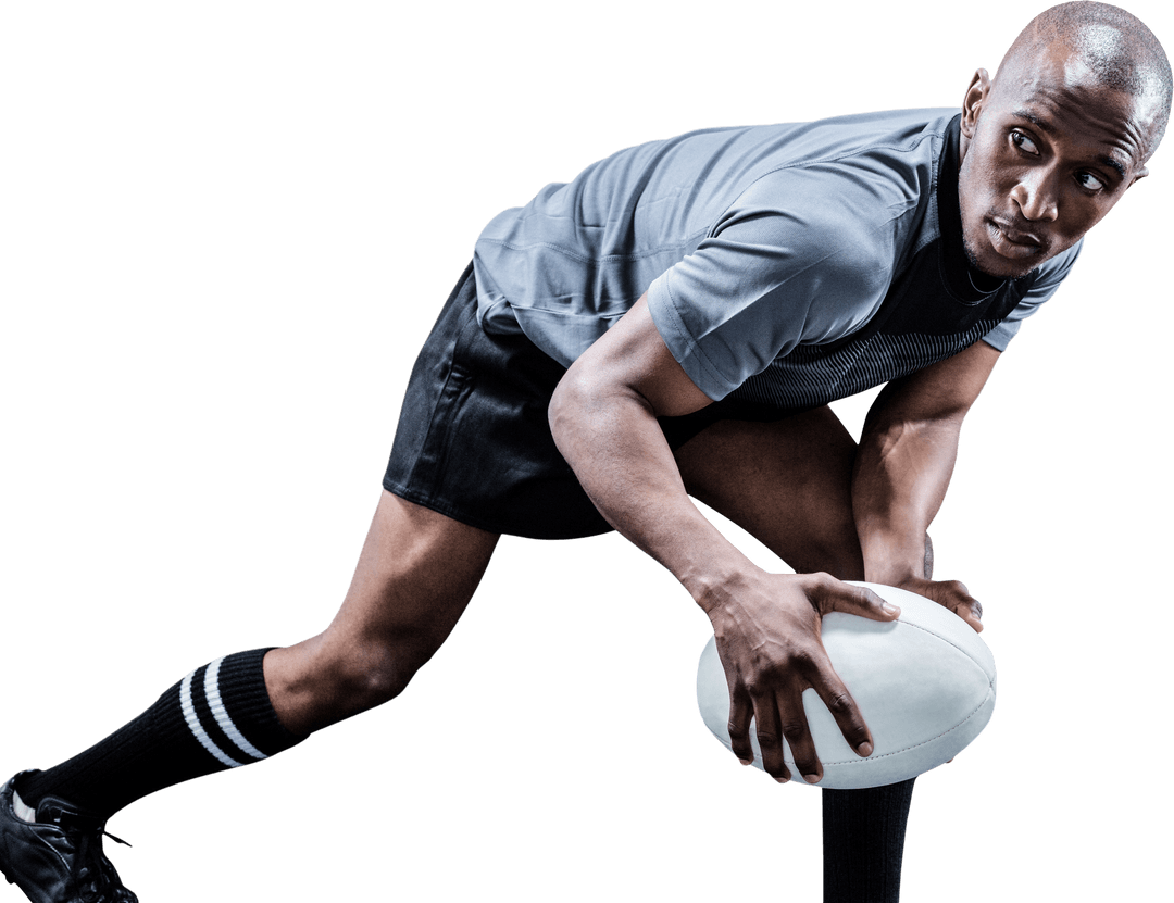 Transparent Rugby Player Handling Ball with Focus