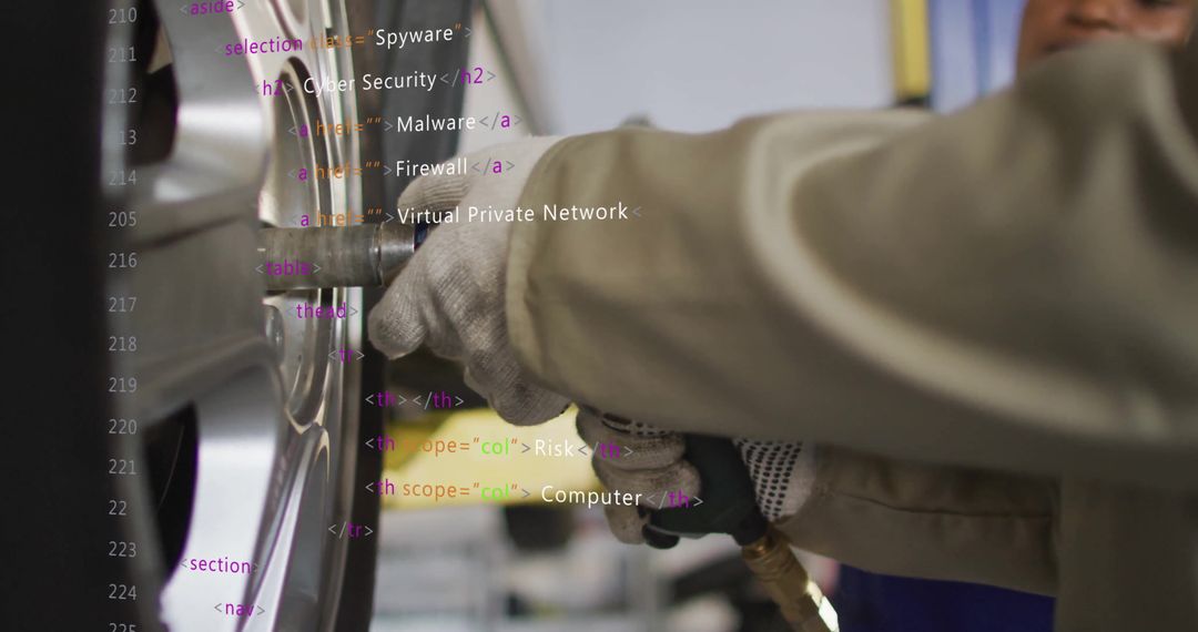 Mechanic Using Impact Wrench with Futuristic Code Integration