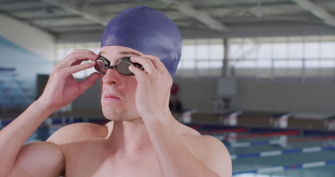 Male Swimmer Adjusting Goggles in Indoor Pool Area - Free Images, Stock Photos and Pictures on Pikwizard.com