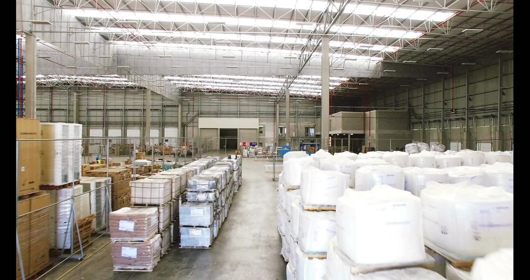 Stacking White Bulk Bags on Pallets in Wide Industrial Warehouse Aisle with Skylights