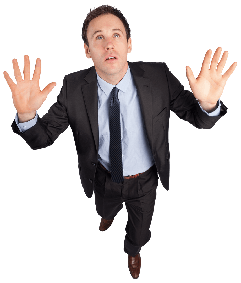 Transparent Businessman Standing with Arms Raised Expression