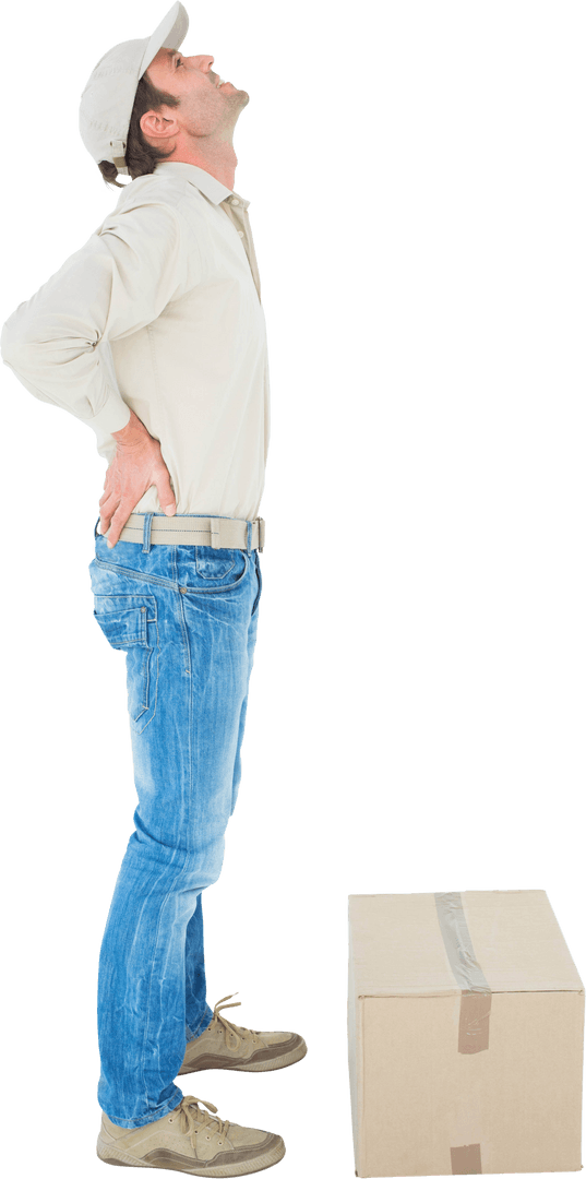 Transparent Image of Delivery Man with Back Pain Near Cardboard Box