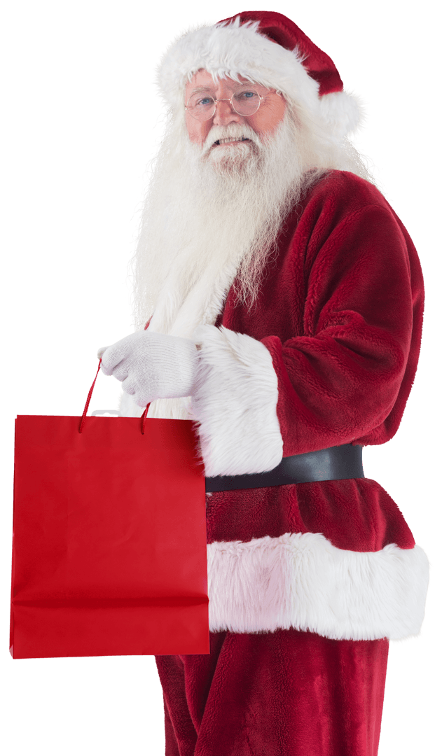 Authentic Santa Claus Holding Red Gift Bag Transparent Background