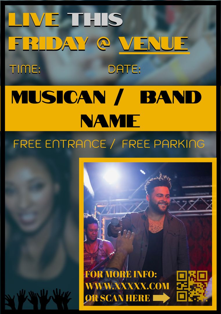 Live Band Performance This Friday, Free Entry and Parking, Music Festival - Download Free Stock Templates Pikwizard.com