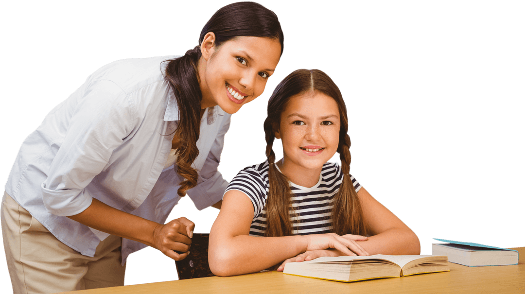 Transparent Smiling Teacher Helping Young Student at School Desk