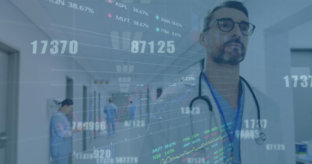 Caucasian Doctor with Financial Graphs Digital Healthcare Innovation