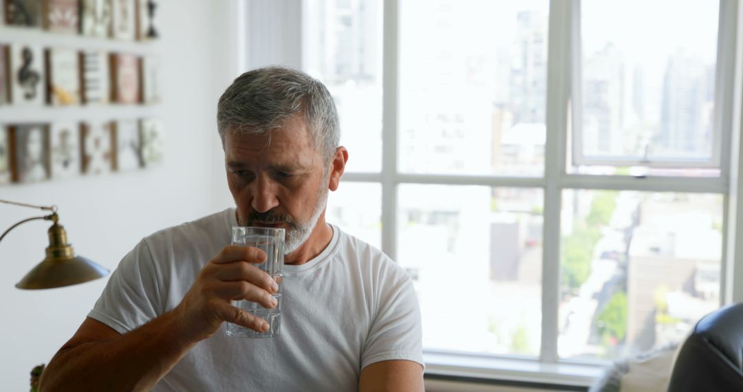 Man Drinking Water in Modern Apartment, Relaxing by Window - Free Images, Stock Photos and Pictures on Pikwizard.com