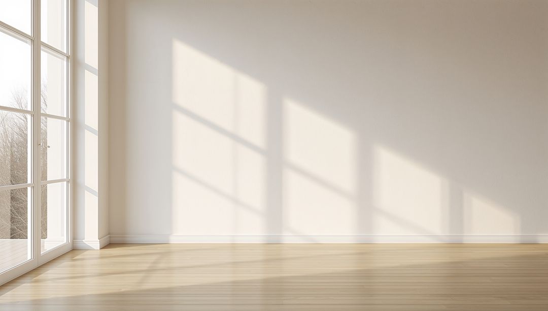 Sunlight Casting Mullioned Window Shadows on Minimal Hardwood Floor