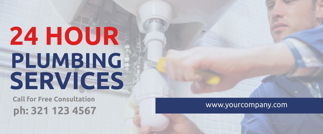 24 Hour Plumbing Services Banner Highlighting Plumber at Work - Download Free Stock Templates Pikwizard.com