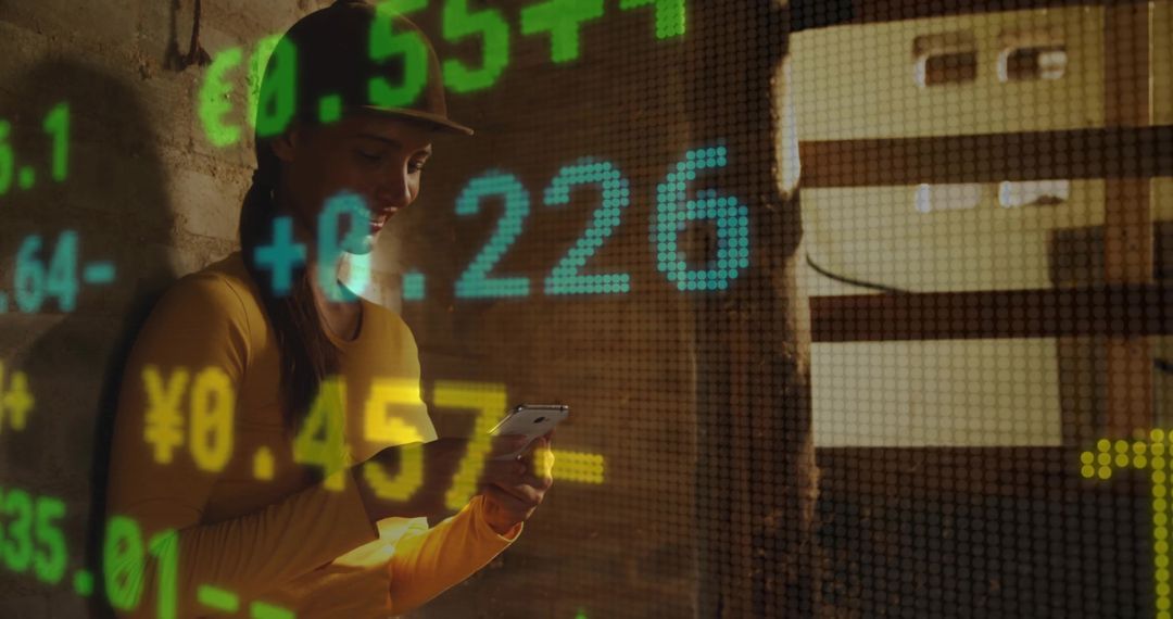 Businesswoman Analyzing Stock Market Data on Smartphone in Rustic Space