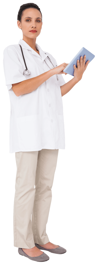 Female Doctor Using Tablet on Transparent Background