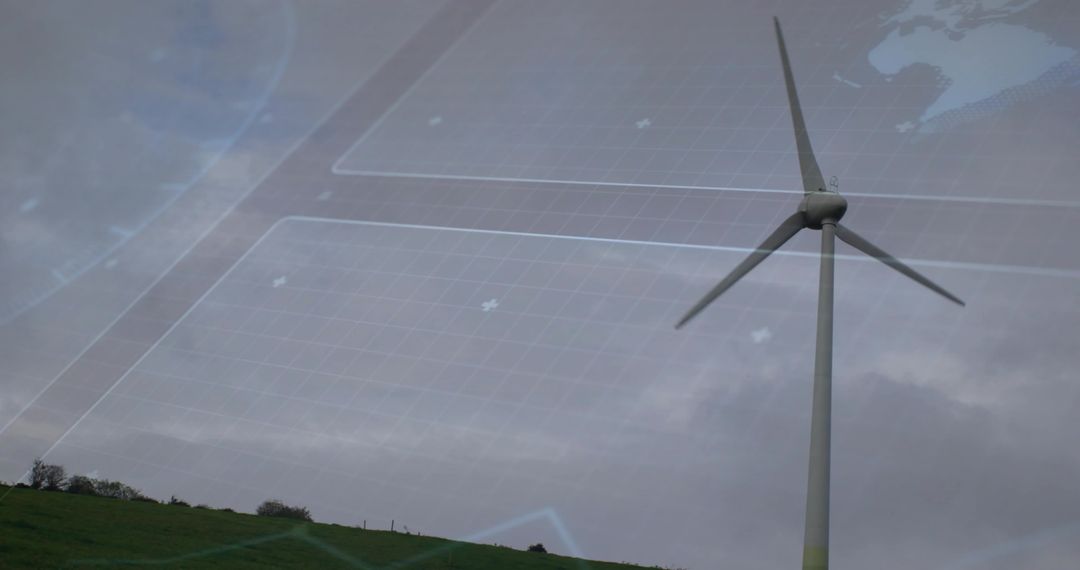 Rotating Wind Turbine on Grassy Hill under Overcast Sky with Digital Grid Overlay