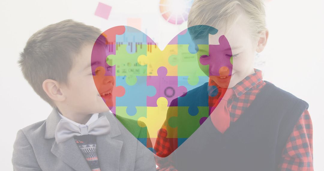 Two Boys Smiling with Colorful Puzzle Heart Symbolizing Unity