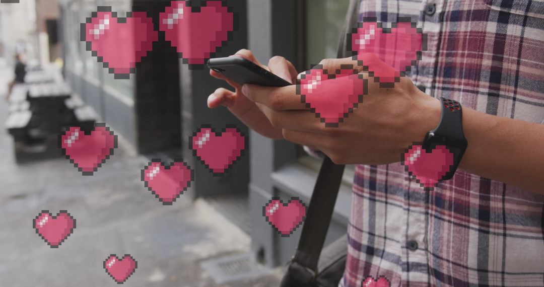 Man Checking Smartphone with Pixelated Heart Icons