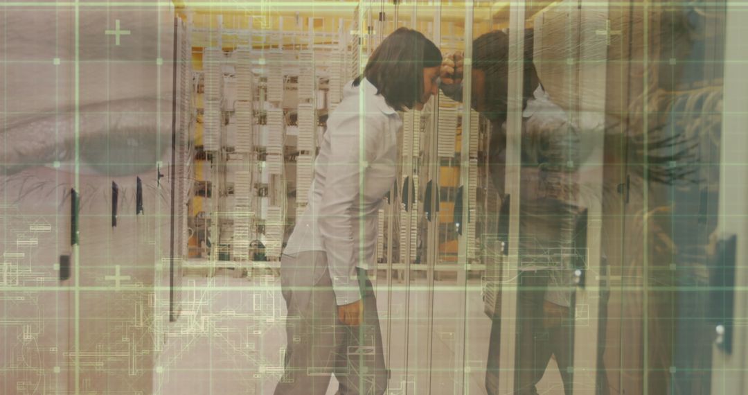 Tired IT Engineer Amidst Data Processing Overlay