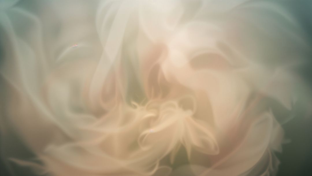 Flowing translucent peach and teal abstract swirl with soft mist and pastel layers