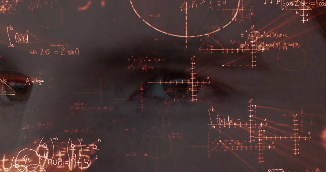 Focused Eye Observing Mathematical Equations and Graphs Overlay