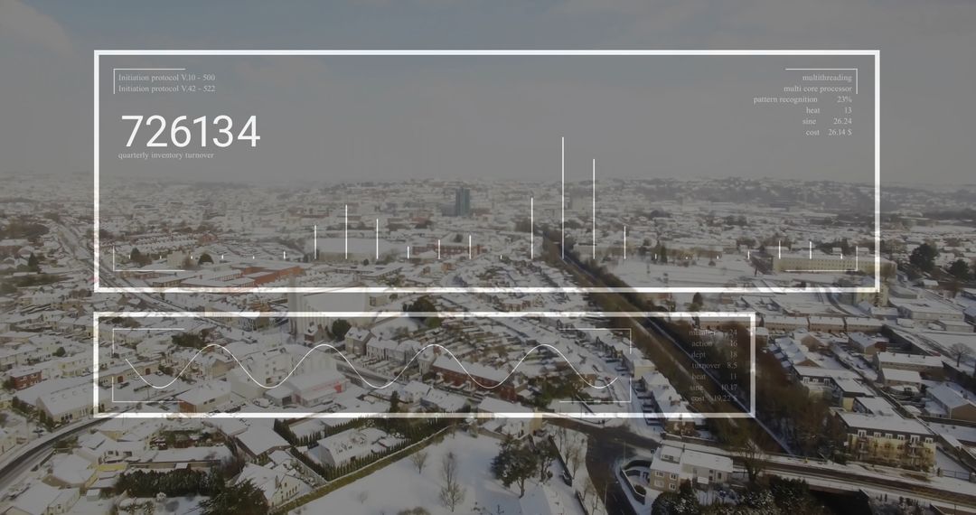 Winter Aerial View of Snow-Covered Urban Neighborhood with Data Overlays