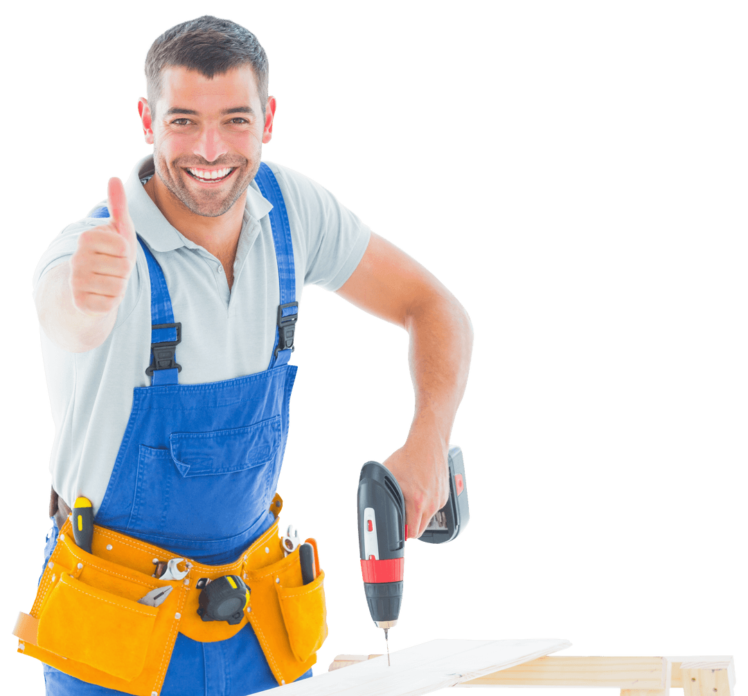 Carpenter Giving Thumbs Up While Using Drill on Wood Transparent Background