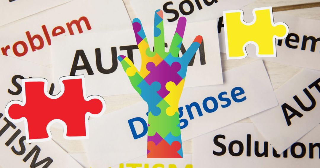 Colorful Puzzle Pieces Overlapping Autism Text and Hand