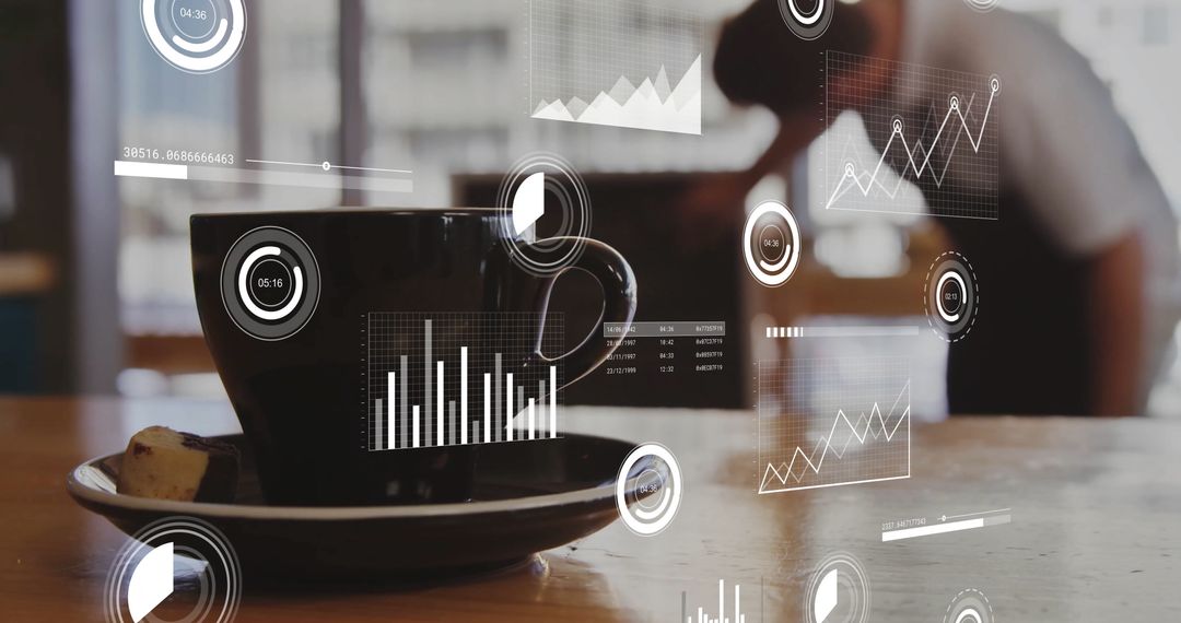 Black Coffee Cup with Floating Analytics Charts in Modern Cafe